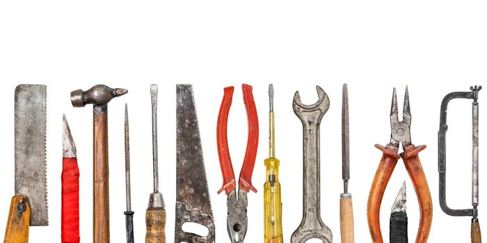 Set of different work tools isolated on white background with copyspace