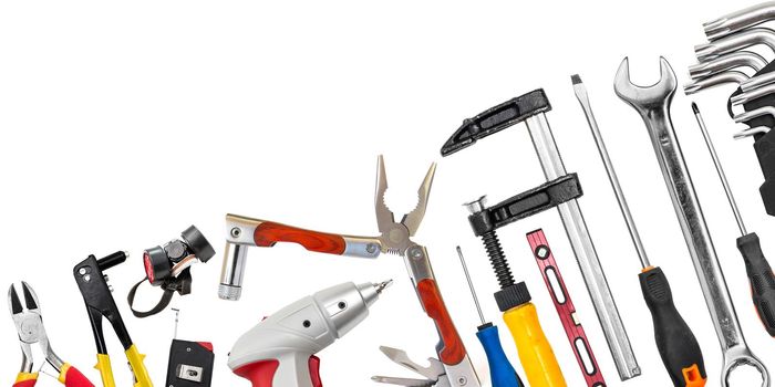 Composition of work industrial tools isolated on white background with copy space