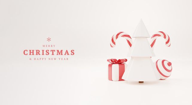 3d Christmas tree with red gift box and ball white background, xmas poster, web banner. 3d render illustration minimal style christmas and new year concept