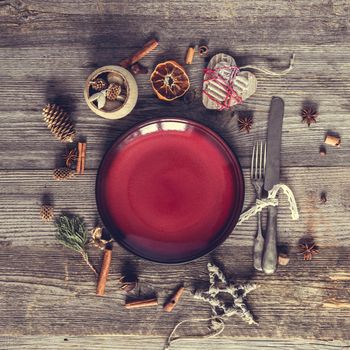 Christmas Table layout. Beautifully decorated with antique tools and plate