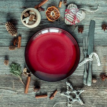 Christmas Table layout. Beautifully decorated with antique tools and plate