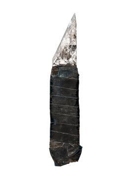 Rusty old knife with black handle on white background