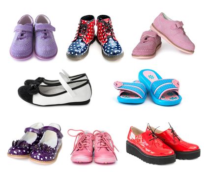 collage of different kids shoes isolated on white background