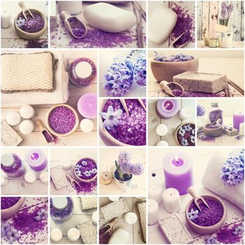 Collage of photos violet bath salt soap and candles