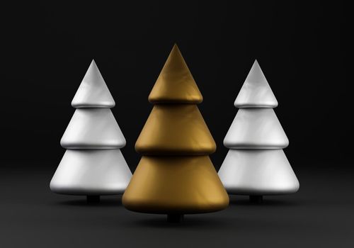 Three silver and gold christmas tree on black background. Merry christmas and happy new year Copy space minimal. 3d rendering. 2022 year