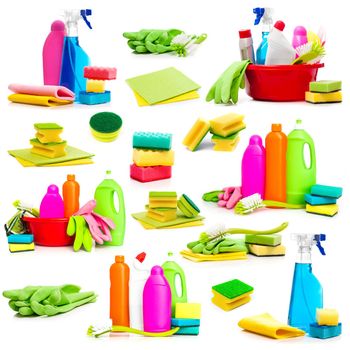 Collage of photos detergent and cleaning supplies on a white background