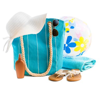 bag with beach accessories isolated on a white background