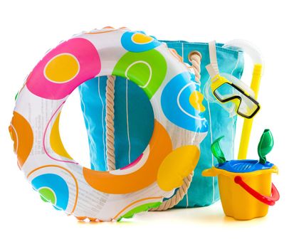 bag with beach accessories isolated on a white background