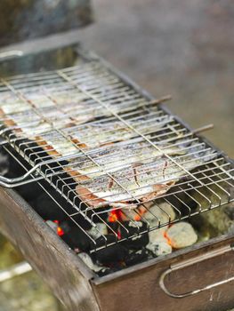 Preparing fresh trout fish on charcoal grill for Summer picnic party