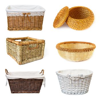 collage with wickered baskets isolated on white background