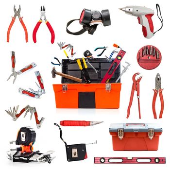 building tools collage isolated on white background
