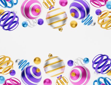 Merry christmas 3d greeting card or illustration banner. Merry Christmas and Happy New Year 3d render illustration card with ornate pink, blue, yellow xmas balls. Winter decoration xmas minimal design