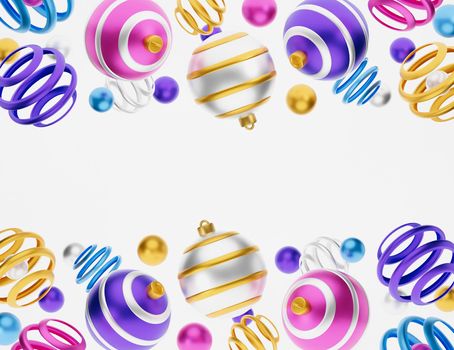 Merry christmas 3d greeting card or illustration banner. Merry Christmas and Happy New Year 3d render illustration card with ornate pink, blue, yellow xmas balls. Winter decoration xmas minimal design