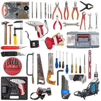 collage with ariety of building tools isolated on white background