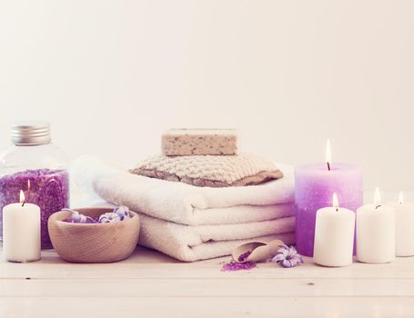 Composition of spa treatment on the white wooden table