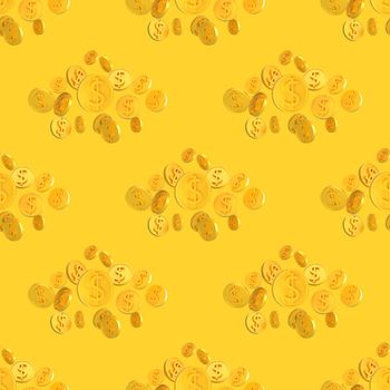 Realistic Gold 3d coins with dollar sign seamless pattern. Seamless wrapping pattern of shiny money 3d render illustration