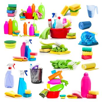 Collage of photos detergent and cleaning supplies isolated on a white background