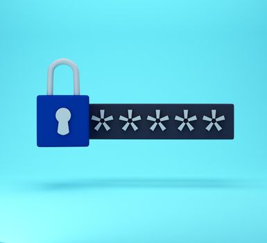3d lock and password field. Password protected secure login concept. minimal creative concept in blue and black colors. 3d rendering
