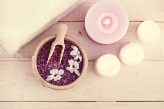 Composition of spa treatment on the white wooden table