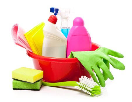 full box of cleaning supplies and gloves isolated on white
