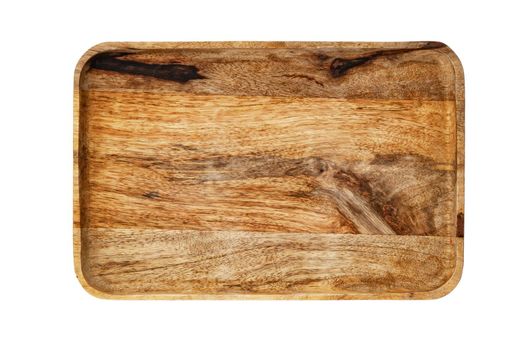 Dark wooden cutting board on white background, close up