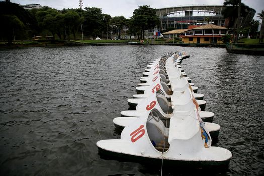 salvador, bahia, brazil - july 23, 2021: Pedal boats are seen in the waters of the Dique de Itororo in the city of Salvador