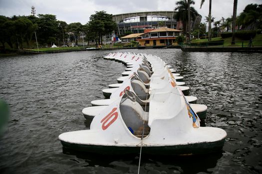 salvador, bahia, brazil - july 23, 2021: Pedal boats are seen in the waters of the Dique de Itororo in the city of Salvador
