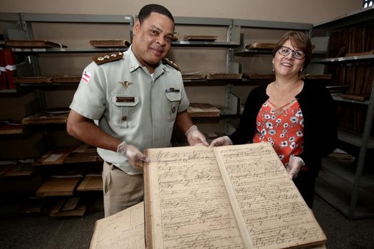 salvador, bahia, brazil - october 18, 2017: Collection of old books from the Military Police of Bahia is seen in the city of Salvador.