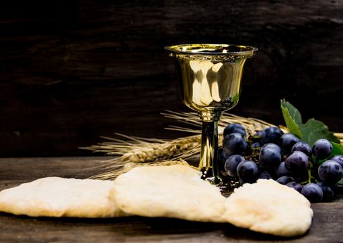 sour bread, wine, grapes and wheat symbol of Christian communion