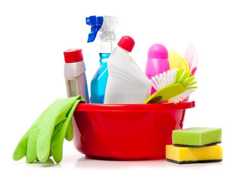 cleaning supplies and gloves isolated on white background