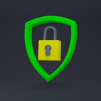 Padlock in shield sign. Security, safety, protection, privacy concept. Minimalism concept. 3d illustration 3D render