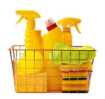 Cleaning items in basket isolated on white background, close up