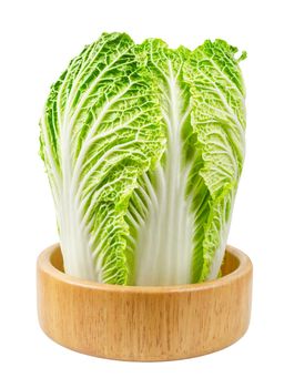 Napa cabbage or chinese cabbage in wooden bowl isolated on white background, Save clipping path.