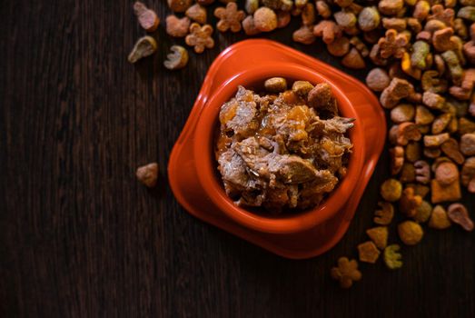 Top view of natural wet pet food in a bowl.