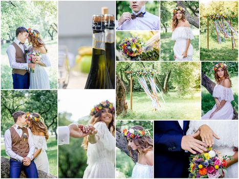 Wedding collage - beautiful marriage outdoors, montage of wedding day