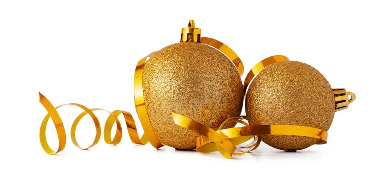 Gold sparkling Christmas bauble isolated on white background, close up