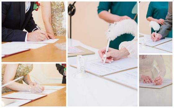 Wedding registration process. Bride and groom sign in the registration book