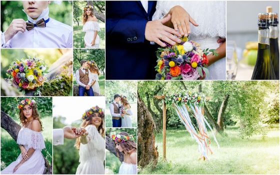 Wedding collage - beautiful marriage outdoors, montage of wedding day