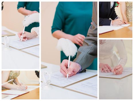 Wedding registration process. Bride and groom sign in the registration book