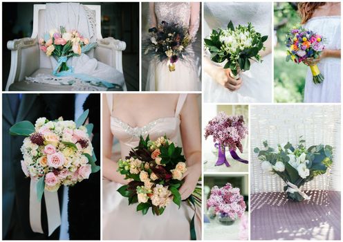 Wedding bouquet collage. Wedding flowers from ceremonies