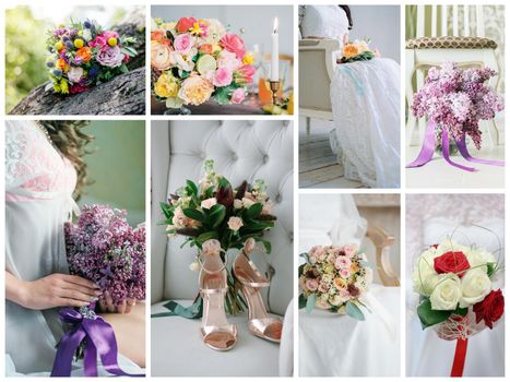 Wedding bouquet collage. Wedding flowers from different ceremonies