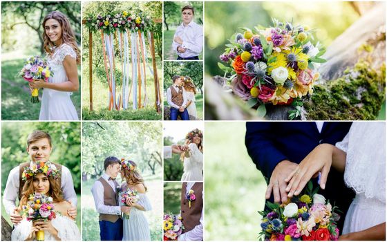 Wedding collage - beautiful marriage outdoors, montage of wedding day