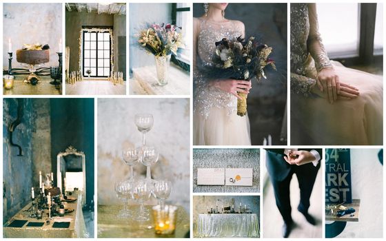 Wedding day montage, beautiful collage of details and decorations.