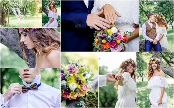 Wedding collage - beautiful marriage outdoors, montage of wedding day