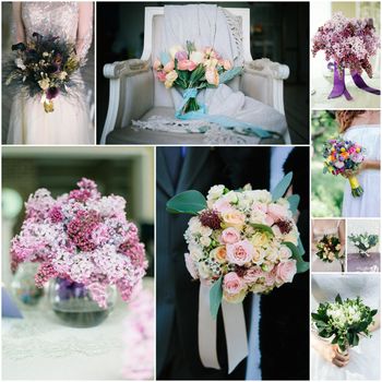 Wedding bouquet collage. Wedding flowers from ceremonies