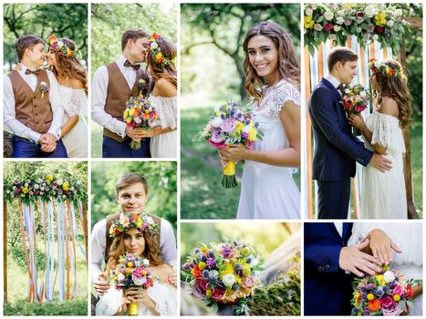 Wedding collage - beautiful marriage outdoors, montage of wedding day