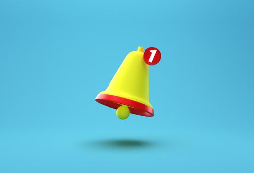 Notification bell creative concept. Cartoon Minimal Orange Ringing bell icon isolated on blue background. One new notification concept. Social Media element with copy space for text. 3d rendering