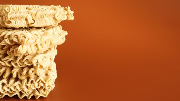 Raw dried instant noodles on a brown background. pasta, for the preparation of which it is enough to pour boiling water and wait a few minutes. Copy space. Vermicelli, spaghetti
