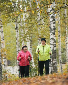 Puffer jacket dressed mature woman climbs a hill in an autumn park during a scandinavian walk. Wide shot