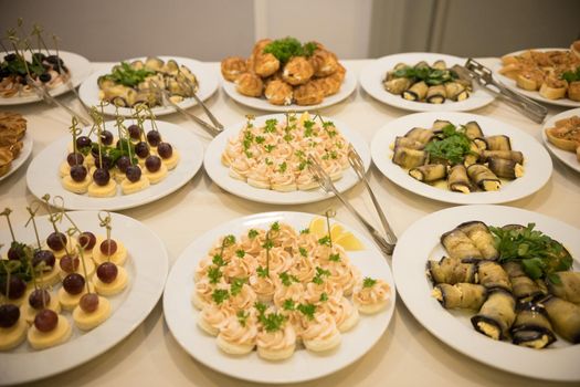 Row of plates with various cold appetizers standing on a table with a white tablecloth. Close up